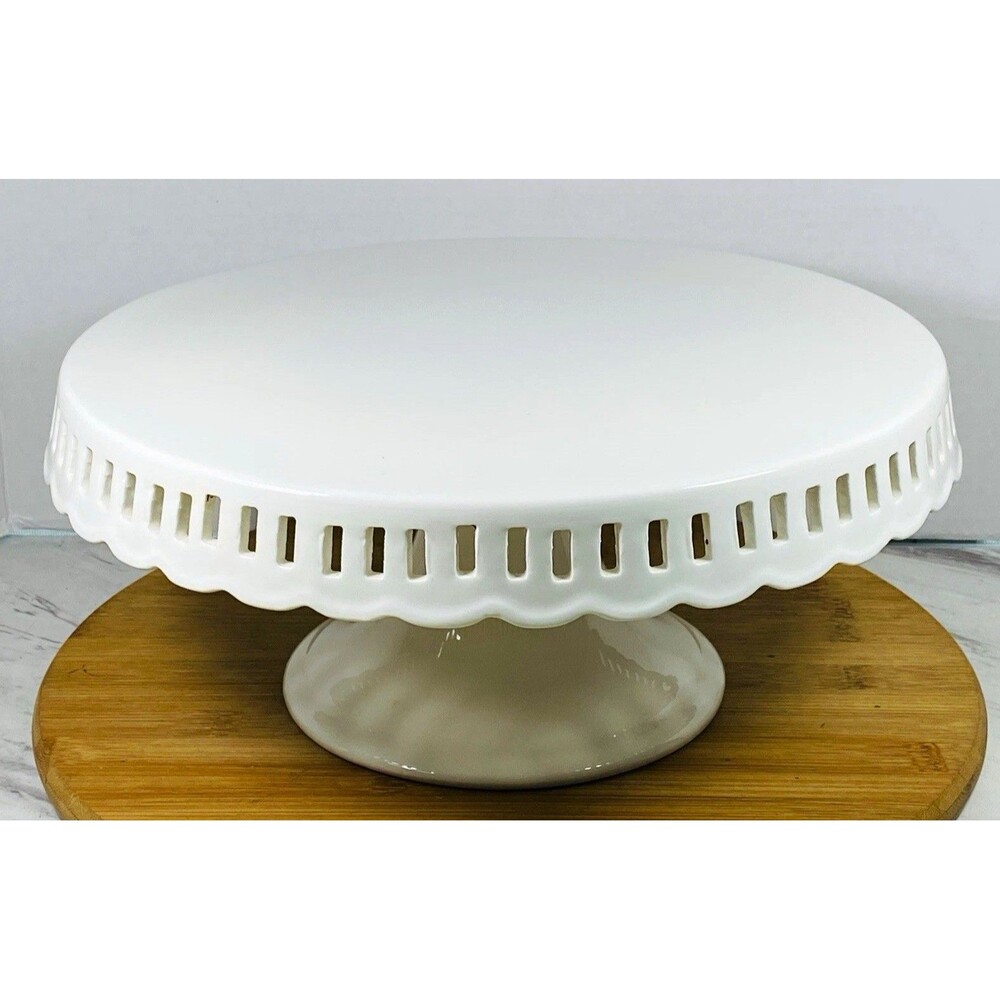Grace Pantry White Ceramic Round Cake Stand Pedestal Glossy 12” Hand Wash Only